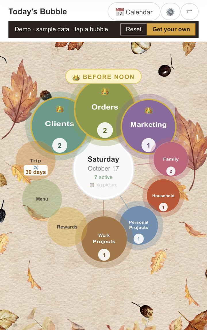 Today’s Bubble demo: colorful category bubbles floating over a fall background