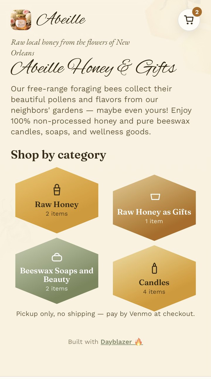 Cottage Business demo: Abeille honey shop with honeycomb category tiles