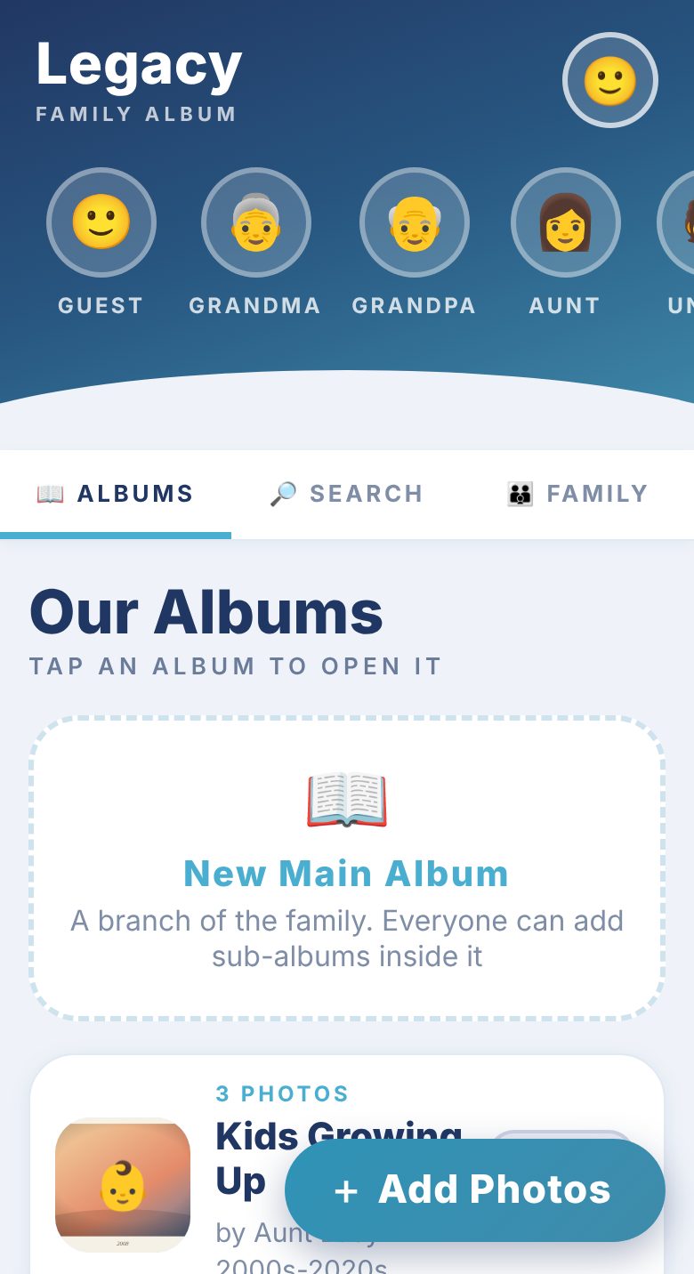 Family Album demo: Legacy app with family member avatars and shared albums