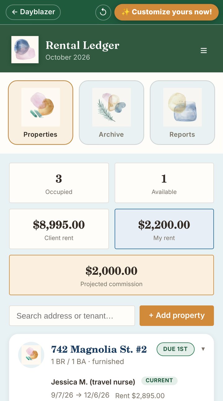 Property Management demo: Rental Ledger with watercolor tabs, monthly totals and property cards