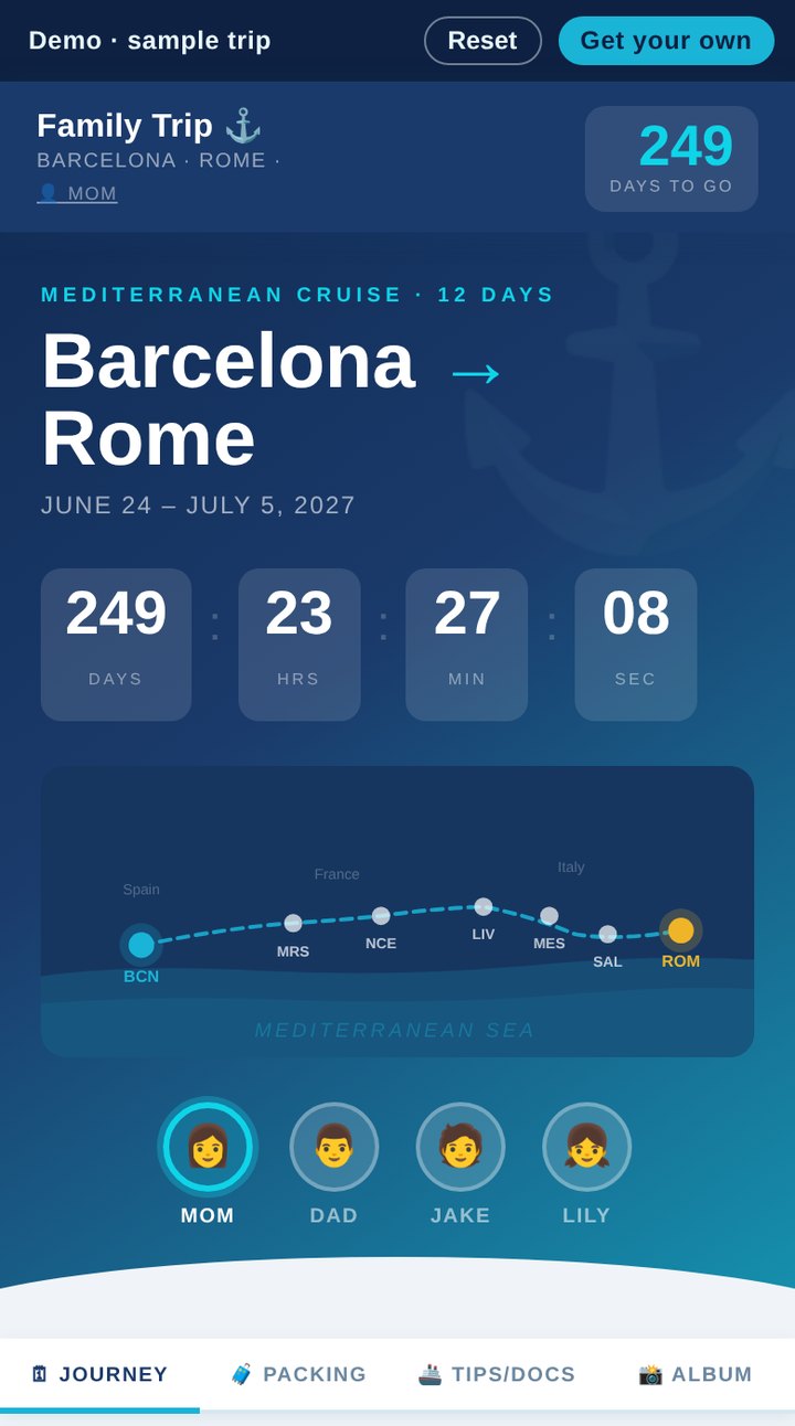 Trip App demo: Barcelona to Rome cruise with a live countdown, route map and travelers
