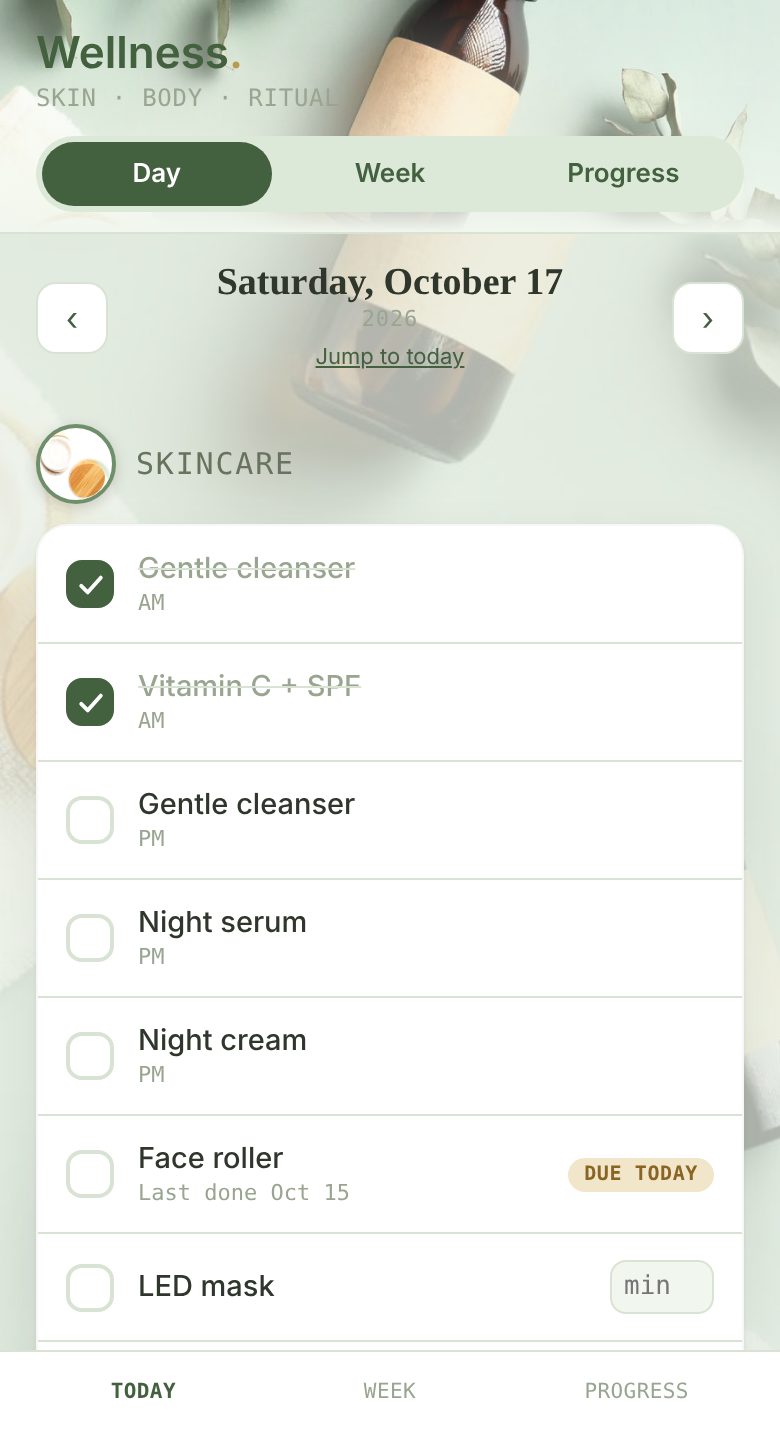 Wellness Tracker demo: a daily skincare checklist over a soft sage flat-lay of skincare bottles